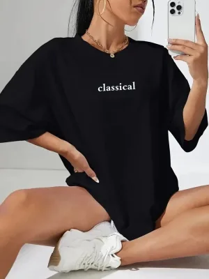 Damski Czarny Penye Nadruk Krótki Rękaw T-shirt