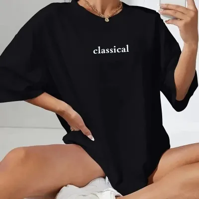 Damski Czarny Penye Nadruk Krótki Rękaw T-shirt 1