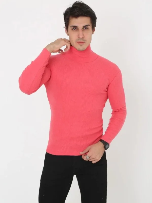 Erkek Pembe Slim Fit Likralı Kaşkorse Boğazlı Body