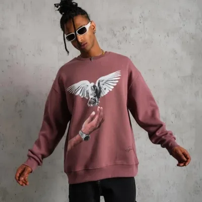 Férfi Rózsaszín Oversize Kerékpárnyakú Nyomott Sweatshirt 4
