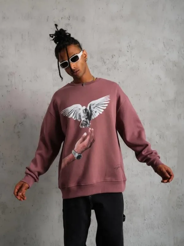Férfi Rózsaszín Oversize Kerékpárnyakú Nyomott Sweatshirt 4