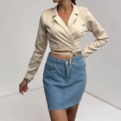 Köynək Yaka Beli Bağlamalı Crop Bluz Krem 3