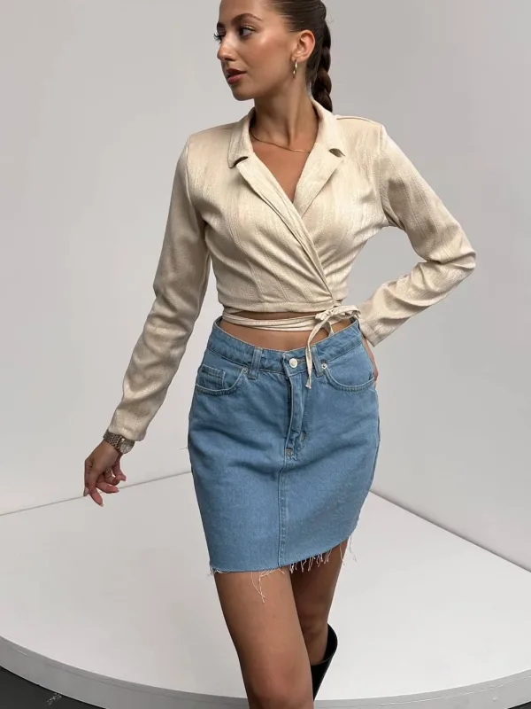 Köynək Yaka Beli Bağlamalı Crop Bluz Krem 3