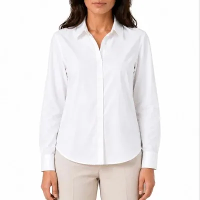 Women's White Classic Collar Long Sleeve Buttoned Office Shirt 1