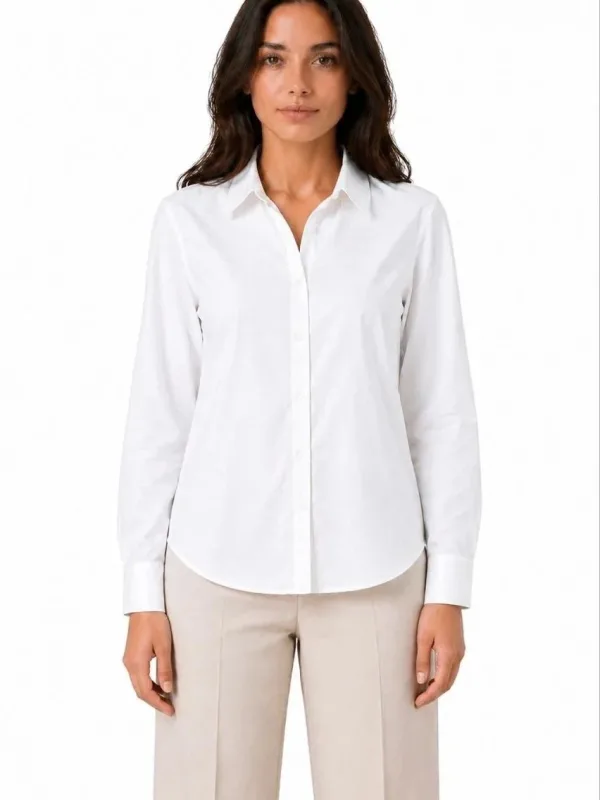 Women's White Classic Collar Long Sleeve Buttoned Office Shirt 1