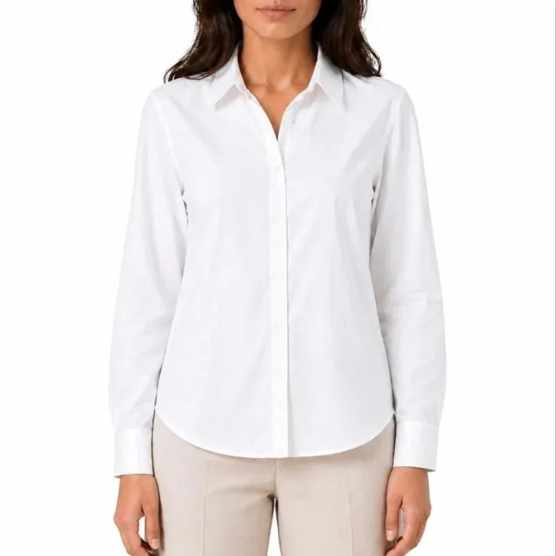Women's White Classic Collar Long Sleeve Buttoned Office Shirt