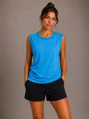 Γυναικείο Μπλε Βασικό Αμάνικο Tank Top με Στρογγυλή Λαιμόκοψη και Αντίθετες Ραφές