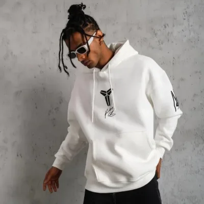Bărbați Alb Oversize 3 Fire Bumbac Capușon Imprimat Sweatshirt 2
