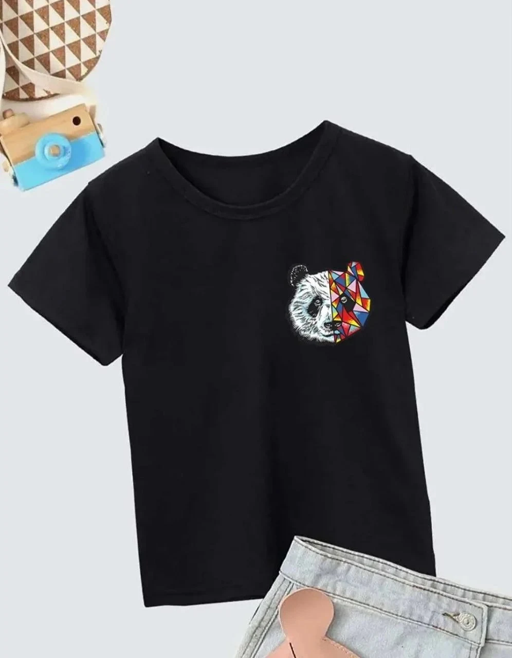 Children Black Oversize Printed Bicycle Neck T-Shirt