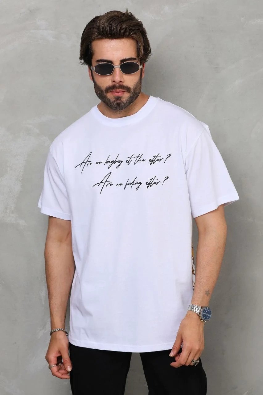 Λευκό Ανδρικό Oversize Ποδήλατο Λαιμό Τυπωμένο T-shirt 3