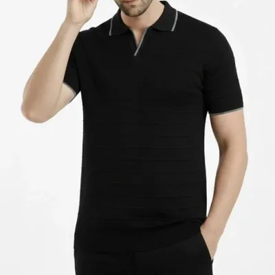 Men's Black Woven Knit Buttonless Polo Neck Short Sleeve T-Shirt 4