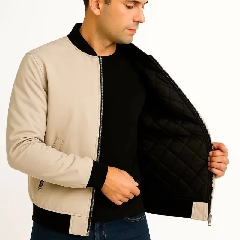 Bomber Jacket for Men, Beige, with Pockets, Quilted Lining, Zippered, Water-Repellent
