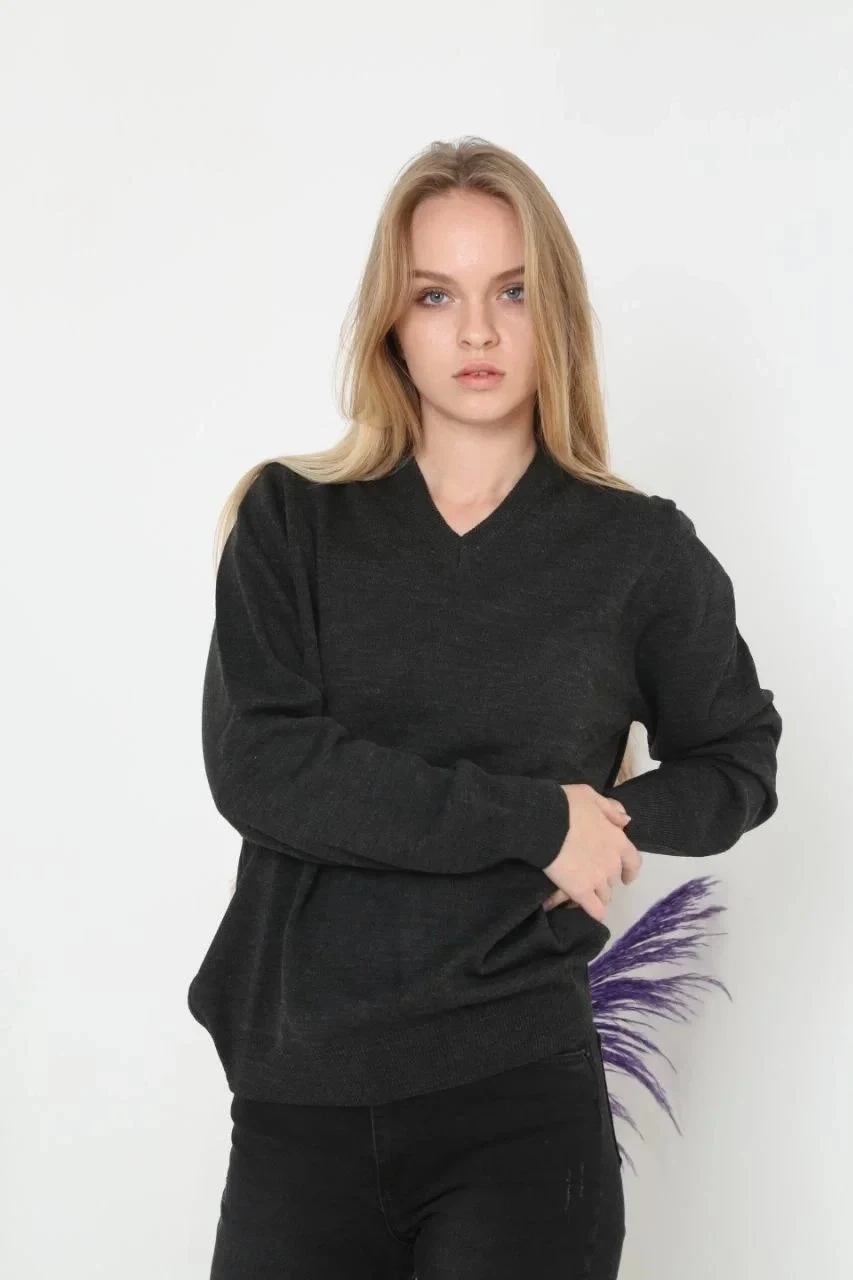 Women's Smoky V-Neck Long Sleeve Plain Knit Sweater
