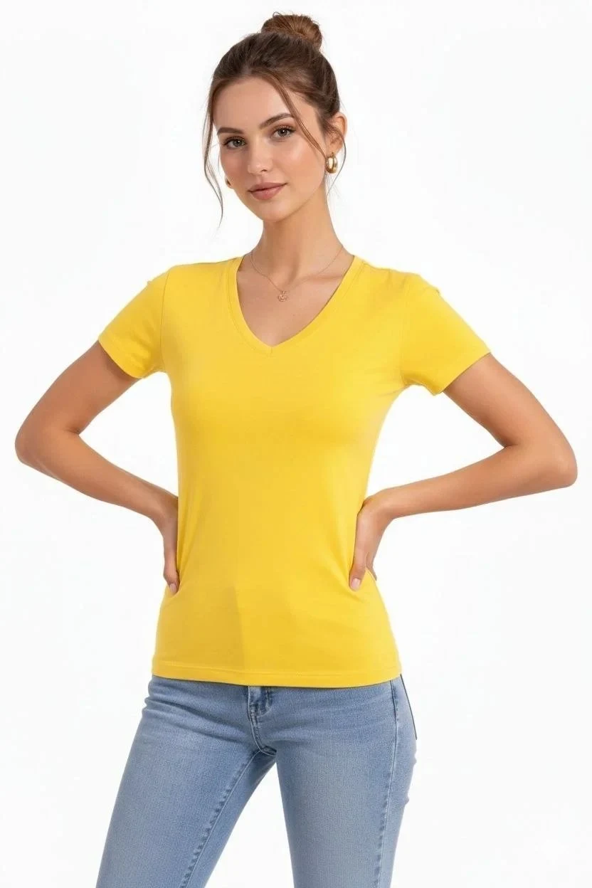 Femeie Tricou Basic Galben Slim Fit cu Guler V, Elastan