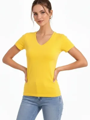 Femeie Tricou Basic Galben Slim Fit cu Guler V, Elastan