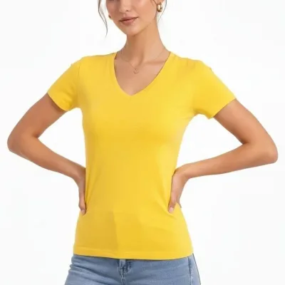 Femeie Tricou Basic Galben Slim Fit cu Guler V, Elastan 1