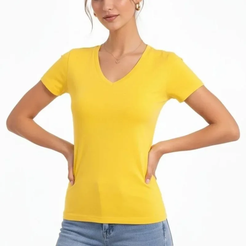 Ženska žuta slim fit V kragna s likrom basic majica