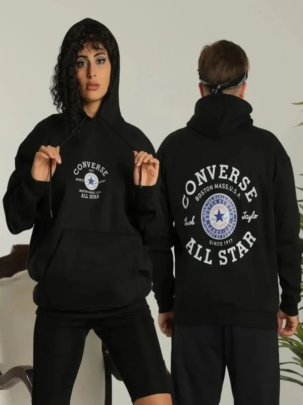 Sweatshirt për meshkuj i zi oversize me kapuç, 3 fije dhe printim në shpinë 2