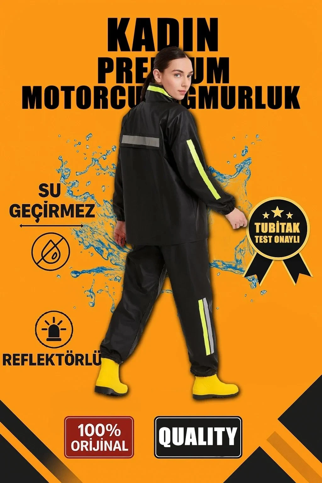 Ženski crni vodootporni PVC motociklistički kišni komplet sa reflektujućim elementima