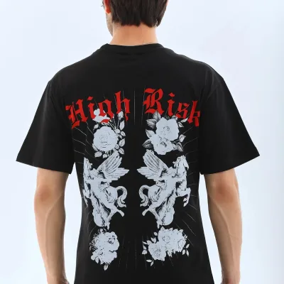 Ανδρικό Μαύρο Oversize Ποδηλατόλαιμο Τυπωμένο T-shirt 2