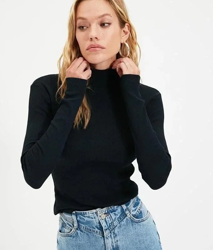 Femeie Negru Gât Înalt Body Tricou Lycra