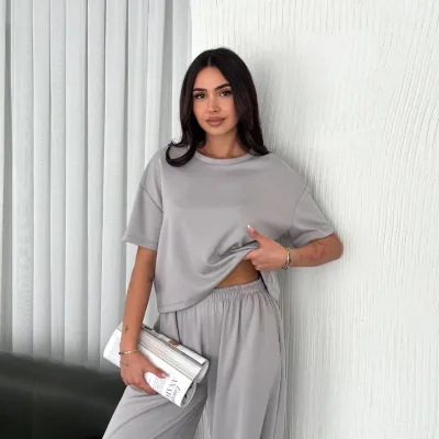 Women's Gray Oversize Scoop Neck Printed Set 3