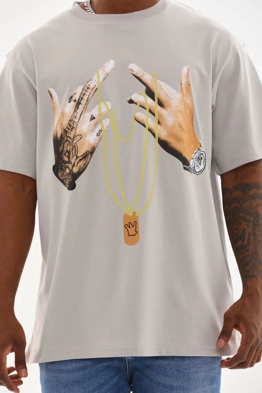 Ανδρικό Γκρι Oversize Ποδηλατόλαιμο Τυπωμένο T-shirt