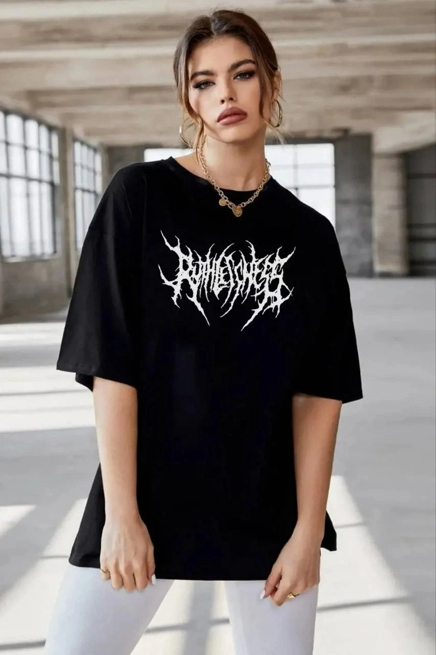 Damski Czarny Oversize Rowerowy Kołnierz Nadrukowany T-shirt