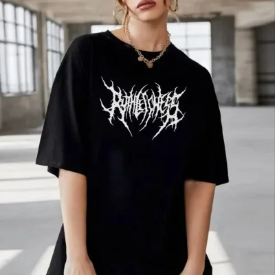 Damski Czarny Oversize Rowerowy Kołnierz Nadrukowany T-shirt 1