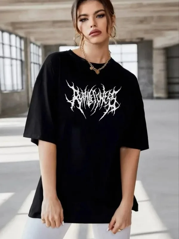 Damski Czarny Oversize Rowerowy Kołnierz Nadrukowany T-shirt 1