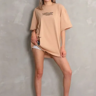 Γυναικείο Μπεζ Oversize Στρογγυλό Λαιμό Τυπωμένο Κοντομάνικο Μπλουζάκι 3