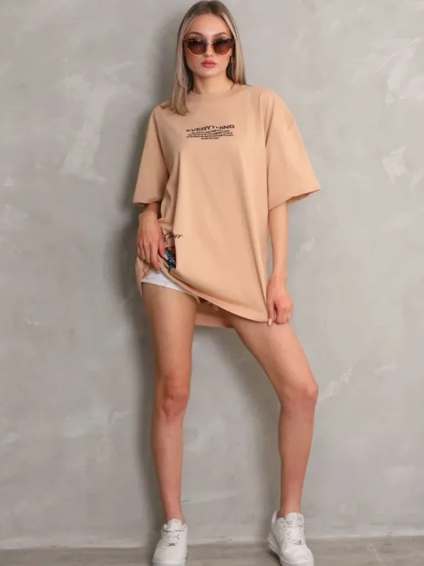 Γυναικείο Μπεζ Oversize Στρογγυλό Λαιμό Τυπωμένο Κοντομάνικο Μπλουζάκι 3