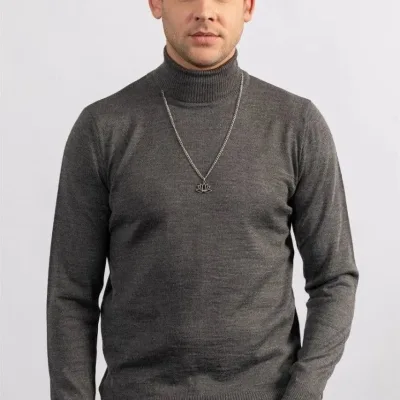 Pánsky dymový plný rolák hladký tkaný trikotový sveter 6