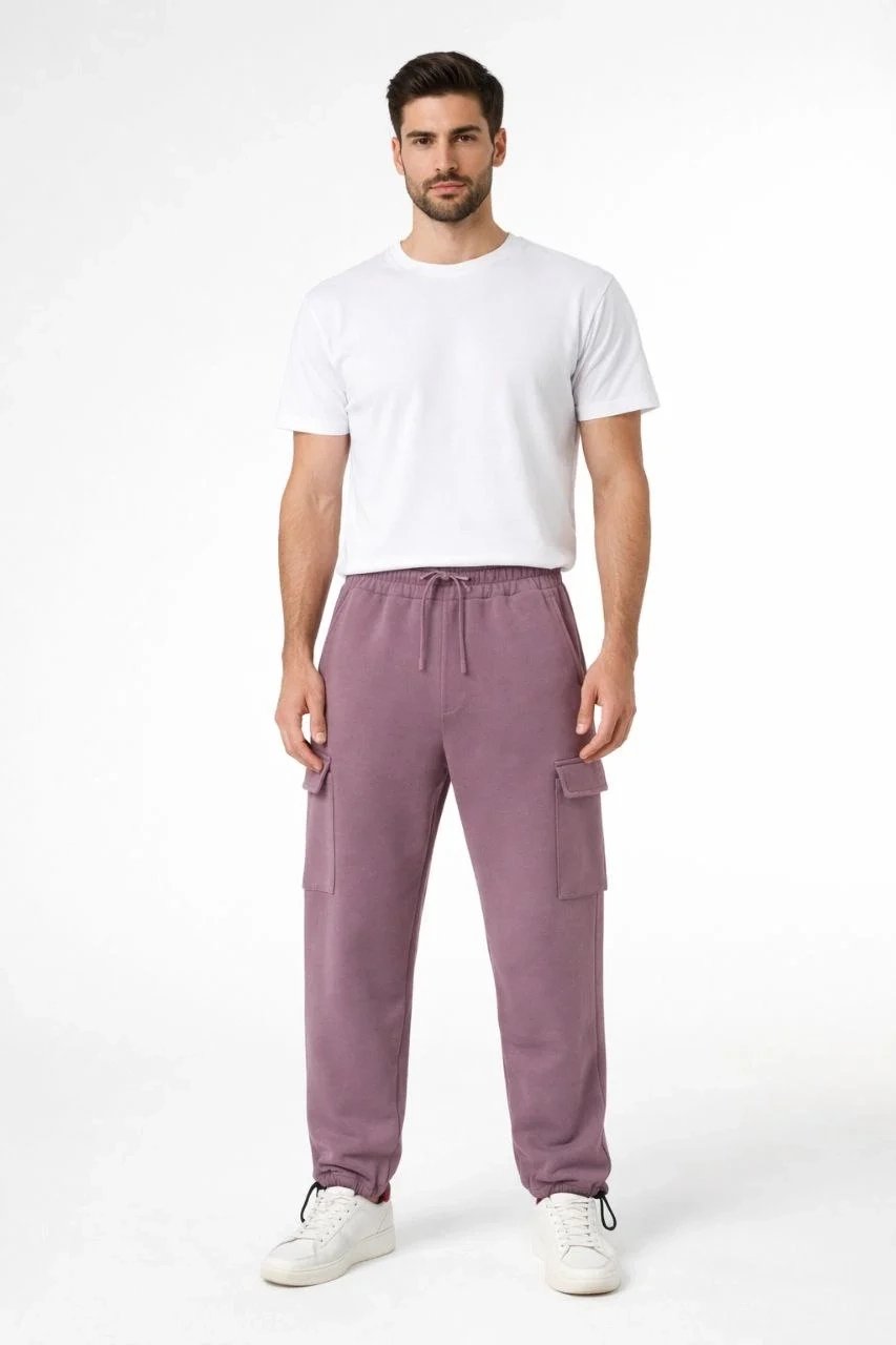 Muške baggy 3-niti pamučne pantalone sa kargo džepovima u boji suve ruže 3