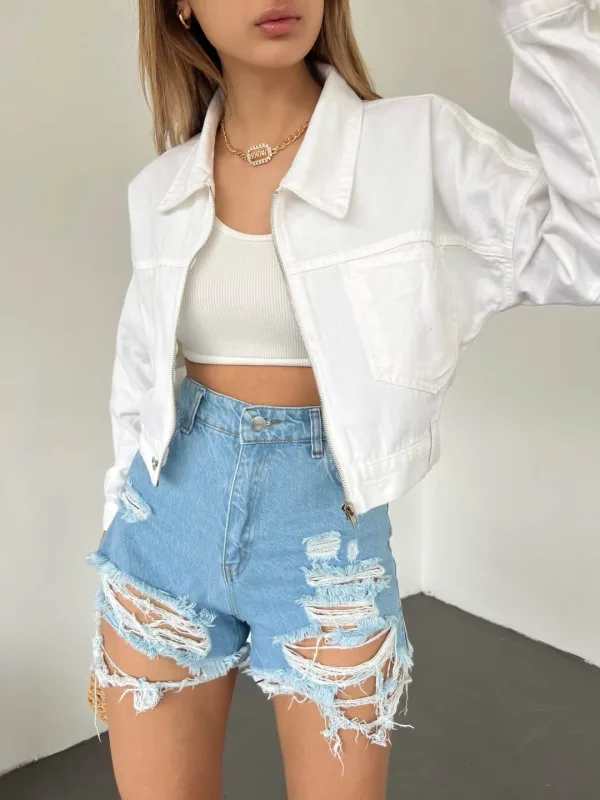 Fermuarlı Cibli Denim Ceket Ağ 5
