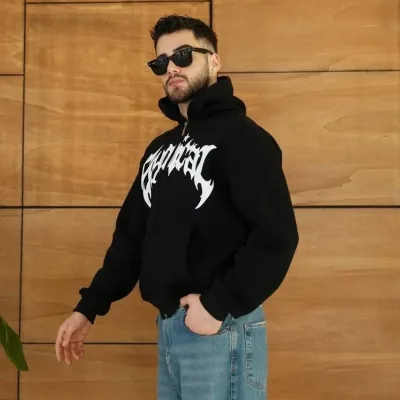 Męska czarna oversize bluza z kapturem, zapinana na zamek, z nadrukiem, 3-nitkowa, drapana 4
