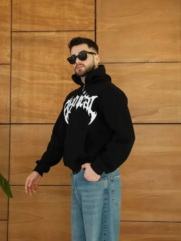 Męska czarna oversize bluza z kapturem, zapinana na zamek, z nadrukiem, 3-nitkowa, drapana 4