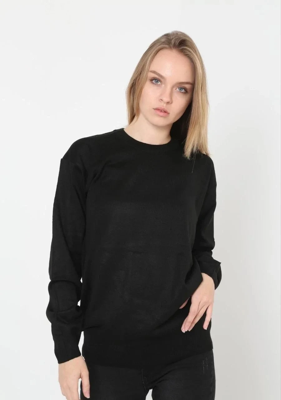 Women's Black Crew Neck Long Sleeve Woven Knit Sweater