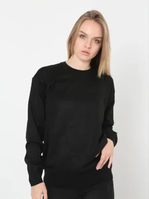 Women's Black Crew Neck Long Sleeve Woven Knit Sweater