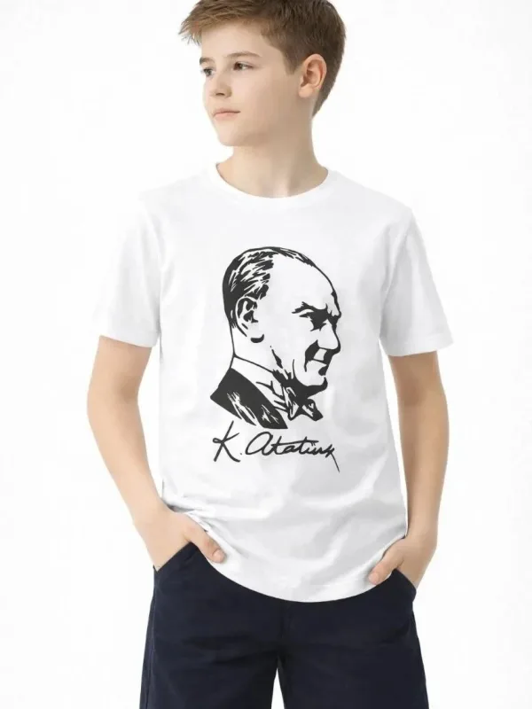 Biała koszulka dziecięca z kołnierzykiem rowerowym z nadrukiem Atatürka krótki rękaw 3
