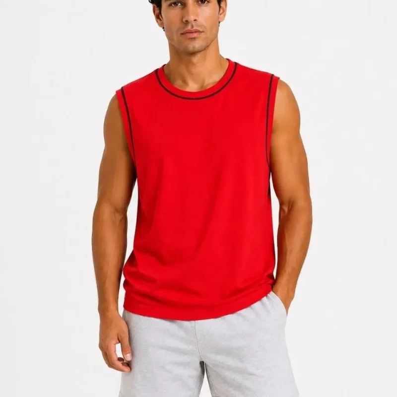 Men's Red Cycling Neck Contrast Trim Sleeveless Vest
