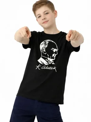 Dečija Crna Ataturk Print Okrugli Izrez Majica