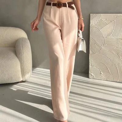 Belted Linen Pants Light Beige 1