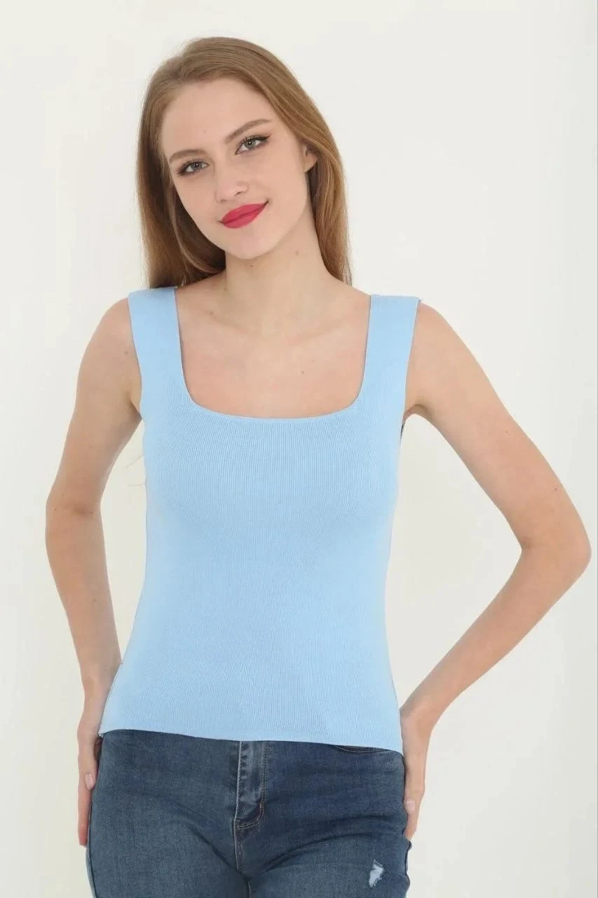 Dámský modrý crop top, s hranatým výstřihem, lycrový