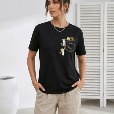 Γυναικείο Μαύρο Χαριτωμένη Γάτα Τσέπη Τυπωμένο Κοντό Μανίκι Μπλουζάκι 1