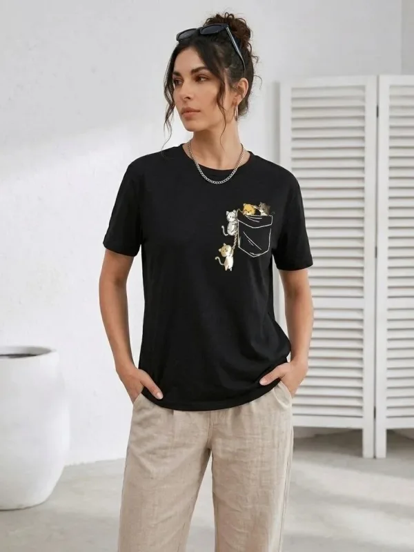 Γυναικείο Μαύρο Χαριτωμένη Γάτα Τσέπη Τυπωμένο Κοντό Μανίκι Μπλουζάκι 1