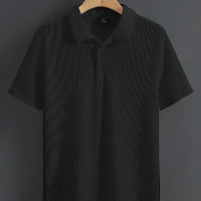 Erkek Siyah Oversize Fitilli Pamuklu Polo Yaka Tişört 3