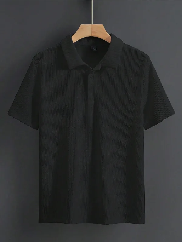 Erkek Siyah Oversize Fitilli Pamuklu Polo Yaka Tişört 3