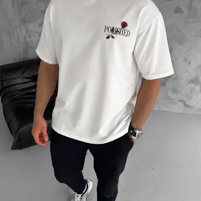 Férfi Fehér Oversize Kerékpárnyomott Rövid Ujjú Póló 1