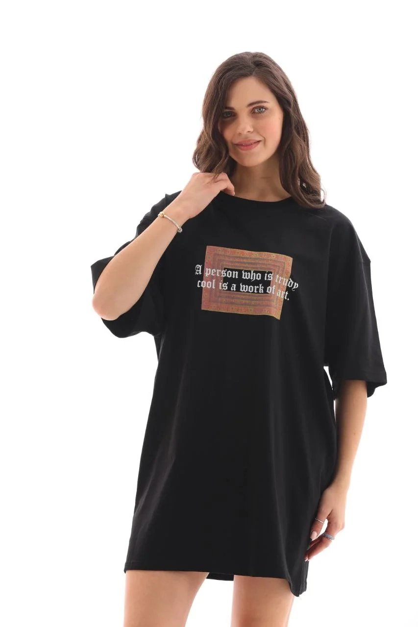 Γυναικείο Μαύρο Oversize Ποδηλατόλαιμο Τυπωμένο Μπλουζάκι
